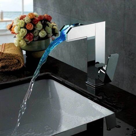 Mitigeur lumineux Led et bec Cascade Design Robinet vasque en laiton chromé (1/5)