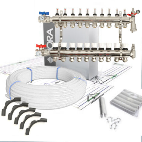 Kit collecteur pour plancher chauffant hydraulique – 10 sorties en laiton avec vannes 1' – Thermomètre et débitmètre inclus – Tube PER 90m – Hora