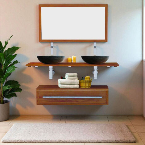 Ensemble meuble tiroir vasques et miroir salle de bain Eleganzia 130 cm en bois teck naturel Taille - Meuble + miroir sans vasque (1/5)