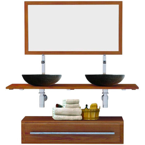 Ensemble meuble tiroir vasques et miroir salle de bain Eleganzia 130 cm en bois teck naturel Taille - Meuble + miroir + 1 vasque (1/5)