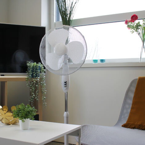 Ventilateur Sur Pied Easymate Blanc - 3 Vitesses, Oscillation 90°, Hauteur Réglable Pour Bureau Et Maison