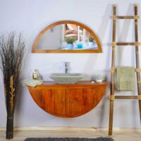 Ensemble meuble de salle de bain suspendu en teck 120 cm avec miroir et vasque grise