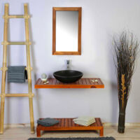 Ensemble meuble vasque miroir et banc japonais salle de bain Gempo 100 cm en bois teck naturel Taille - Meuble + Miroir