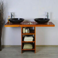 Ensemble meuble vasque et miroir salle de bain New Gempo 140 cm en bois teck naturel Taille - Meuble + 2 vasques