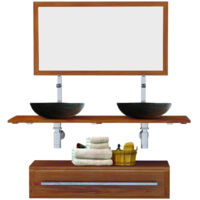 Ensemble meuble tiroir vasques et miroir salle de bain Eleganzia 130 cm en bois teck naturel Taille - Meuble + miroir + 2 vasques