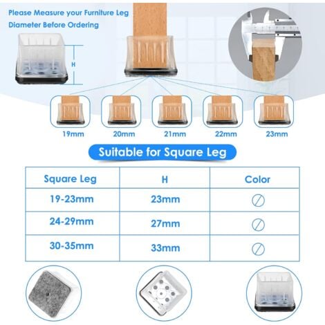 CCYKXA 16Pcs Chair Leg Protectors, Clear Silicone Square Chair Leg Caps with Felt Pads and Metal Gasket, for Hardwood Floors (Square 19-23mm)