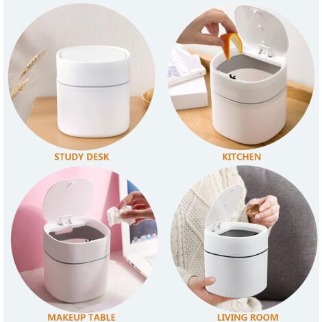 CCYKXAA 1 PCS Tabletop Trash Can with Lid, Mini Plastic Trash Can, Small Tabletop Trash Can for Bedrooms, Dining Rooms, Bathrooms, Offices Etc. (White)