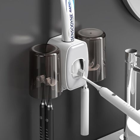 CCYKXA Gray Wall Mounted Toothbrush Holder, Toothbrush Holder with Automatic Toothpaste Dispenser, Toothbrush Holder with 4 Brush Slots, 2 Cups, No Drilling