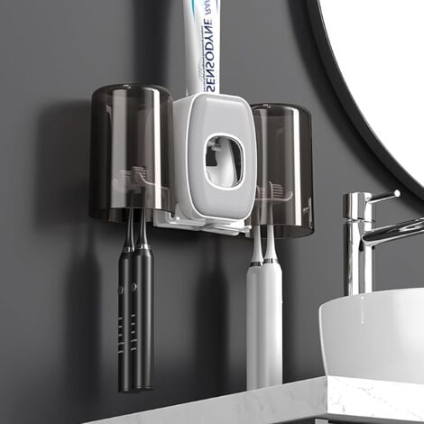 CCYKXA Gray Wall Mounted Toothbrush Holder, Toothbrush Holder with Automatic Toothpaste Dispenser, Toothbrush Holder with 4 Brush Slots, 2 Cups, No Drilling