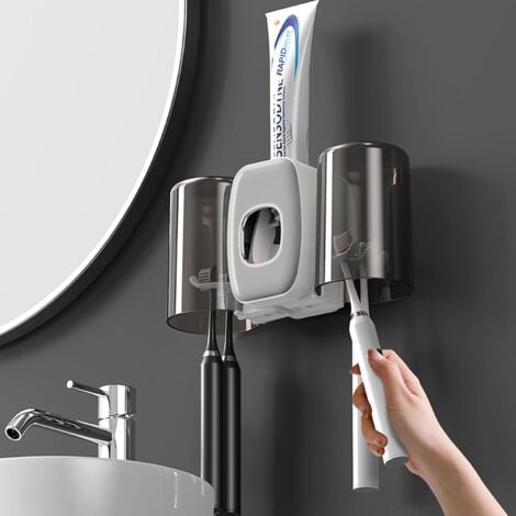 CCYKXA Gray Wall Mounted Toothbrush Holder, Toothbrush Holder with Automatic Toothpaste Dispenser, Toothbrush Holder with 4 Brush Slots, 2 Cups, No Drilling