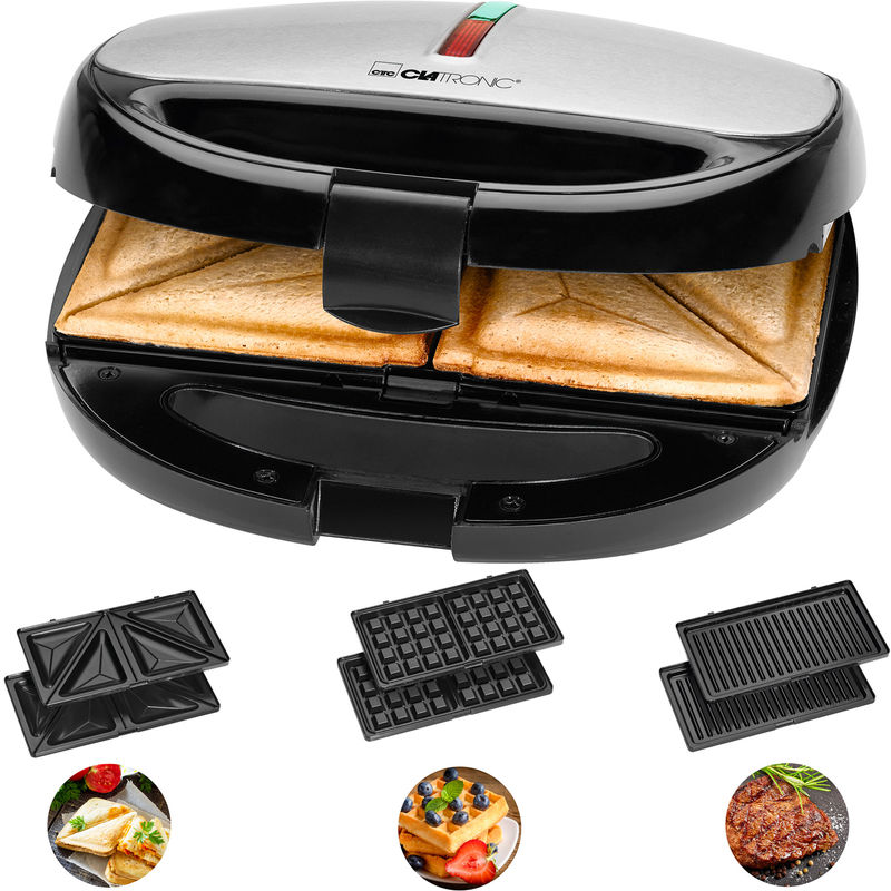 Clatronic Sandwichera 3 en 1, Gofrera, Panini Grill-Plancha, Bandejas Intercambiables, Antiadherente 800W Negro/Plata