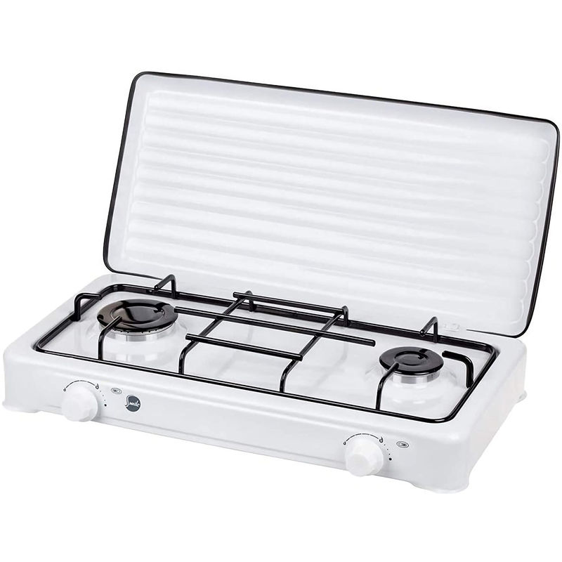 MPM Cocina Gas Portátil Camping, 2 Quemadores, Rejilla Esmaltada, Tapa Protectora, Normativa G30-37 mbar Blanco