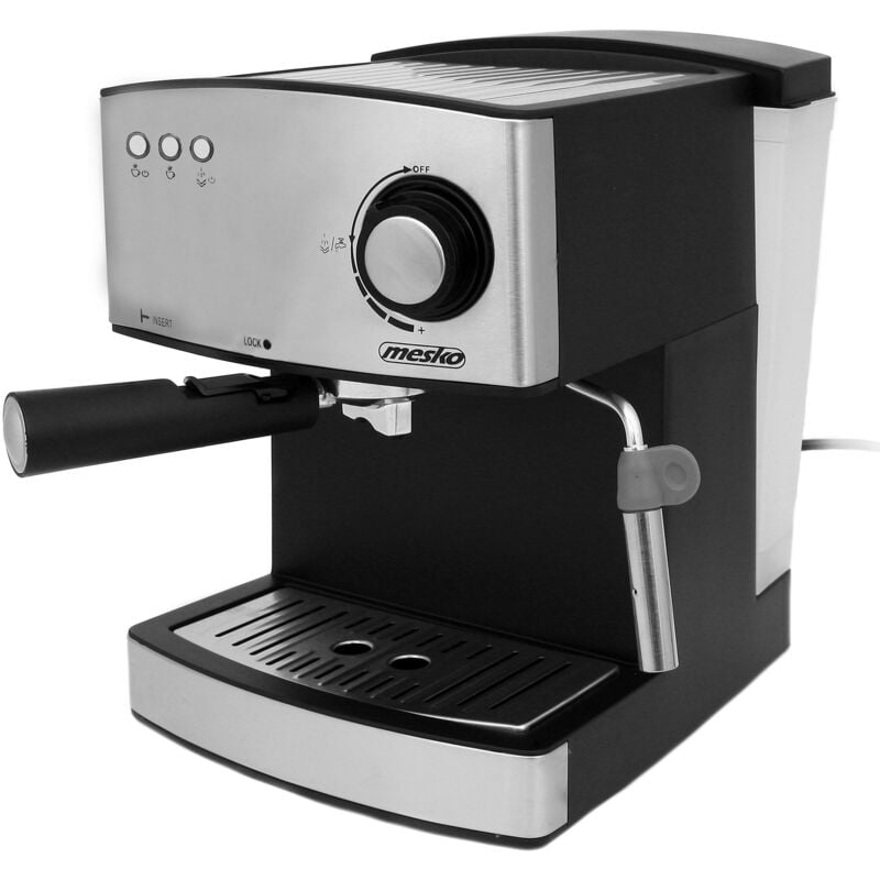 Mesko MS 4403 Cafetera Expresso Manual 15 bares 1,6 L, Brazo Doble Salida, Espumador Leche, Calientatazas 850W Plata