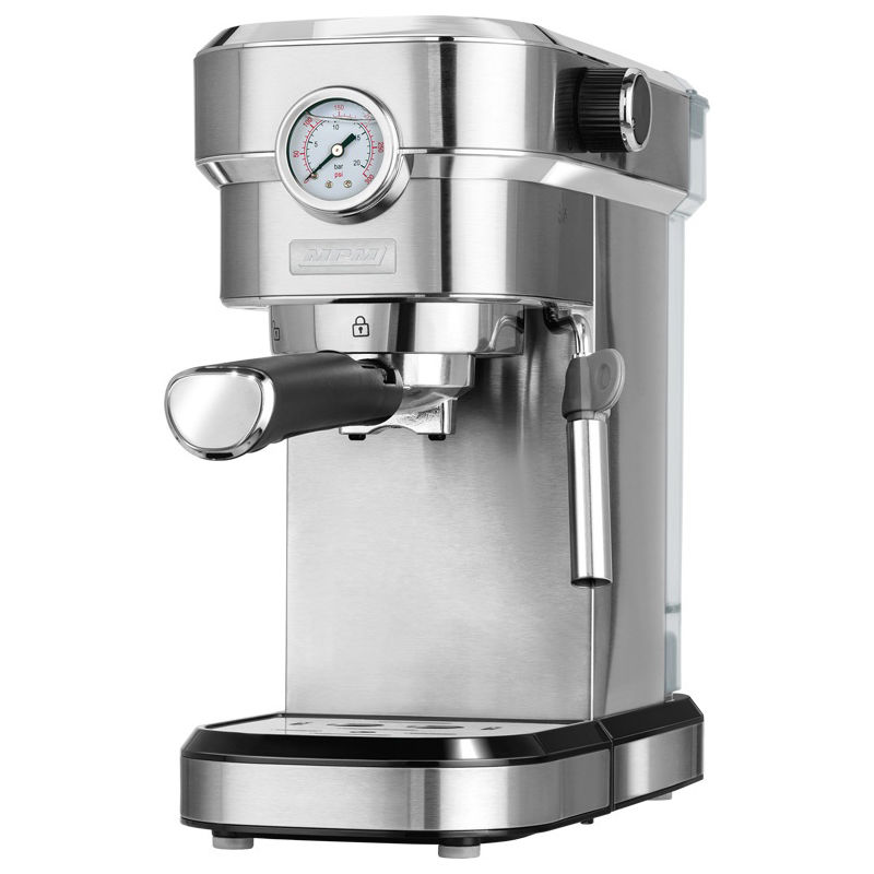 MPM MKW-08M Cafetera Expresso Manual 20 bares 1,2 L, Brazo Doble Salida, Espumador Leche, Calientatazas 1350W Plata