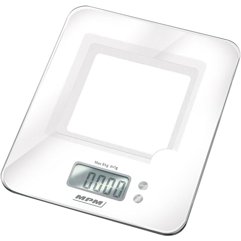 MPM MWK-03 Báscula de Cocina Digital Extraplana, Medición 1gr, Hasta 8 kg, LCD, Función Tara, Vidrio Templado Blanco