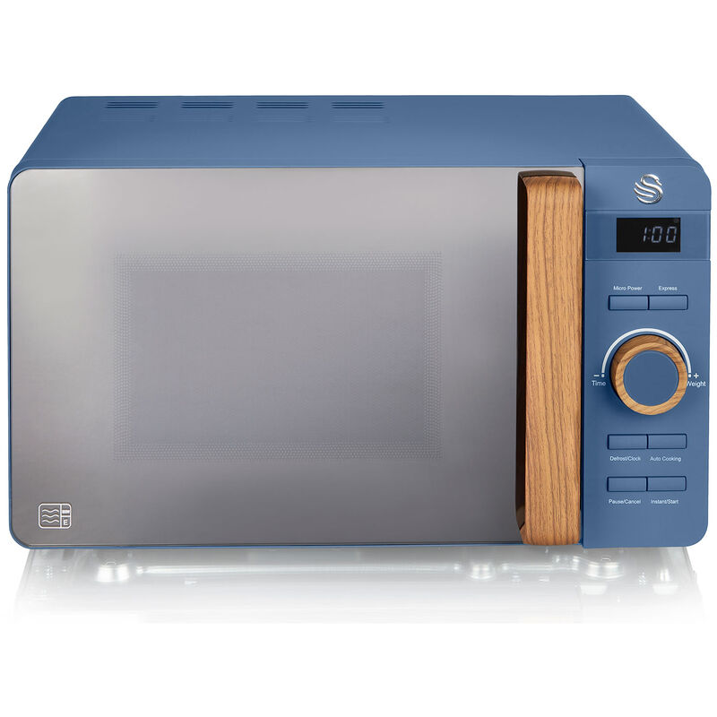 SWAN SM22036 Nordic Microondas, Capacidad 20L, 6 Niveles Potencia,Temporizador 30 min,Tirador Efecto Madera,Fácil Limpieza 800W Azul