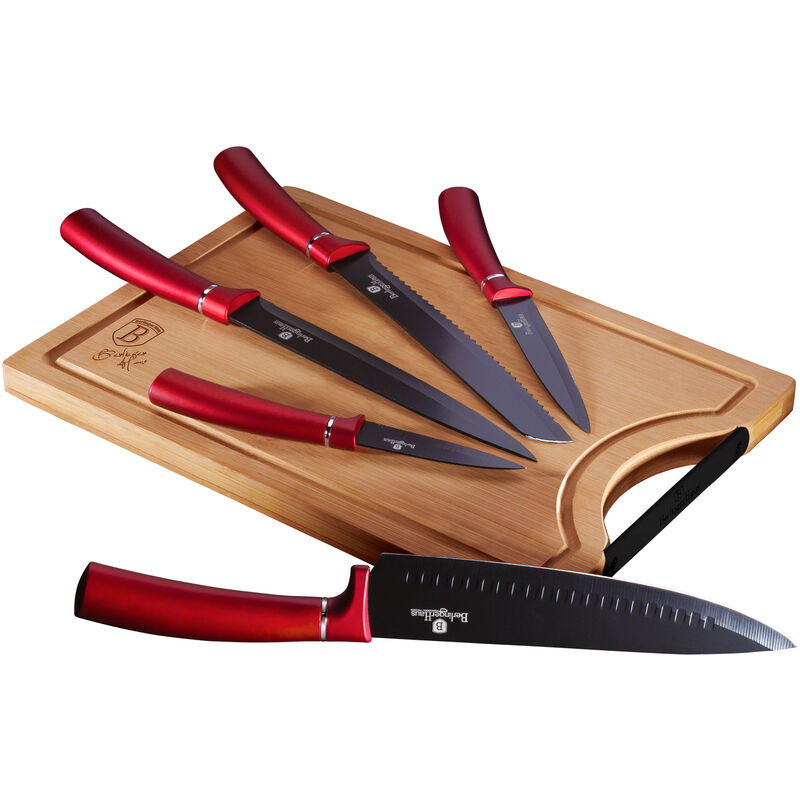 Berlinger Haus Juego Cuchillos Cocina Profesional Acero Inoxidable, Cocinero Cebollero, Rebanador Tabla Bambú Rojo