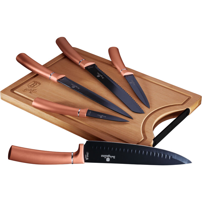 Berlinger Haus Rose Gold Juego Cuchillos Cocina Profesional Acero Inoxidable, Cocinero Cebollero, Rebanador Tabla Bambú Oro Rosado