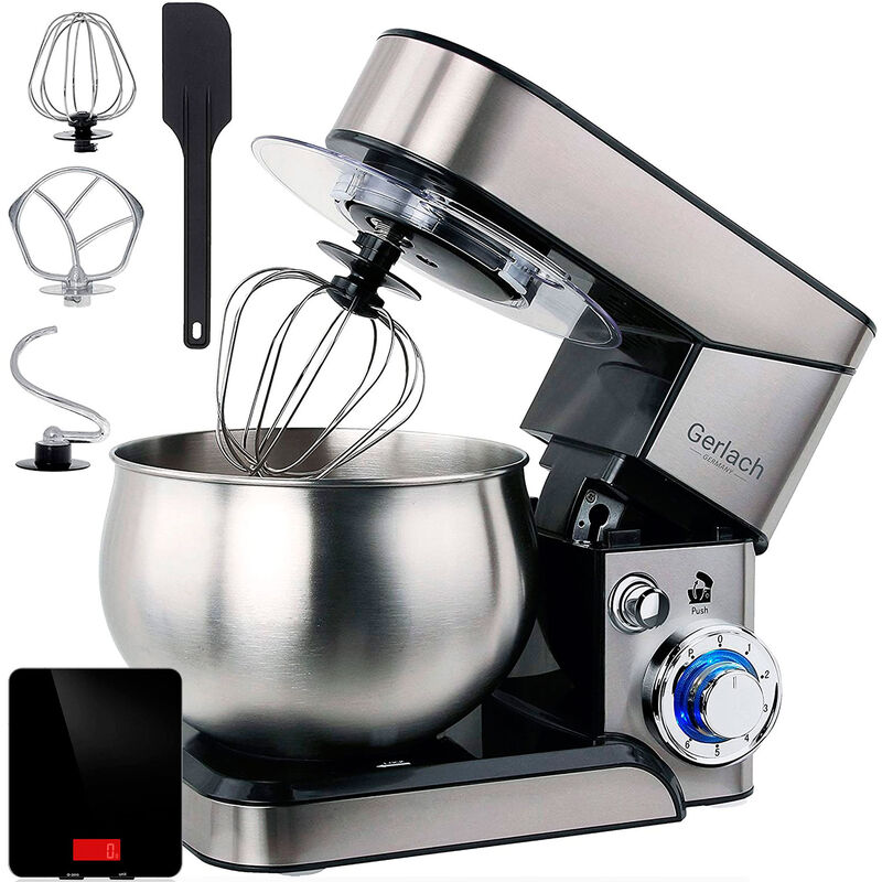 Gerlach Batidora Amasadora Repostería Profesional, Robot Cocina Orbital, 5 L, 6 Velocidades, Acero Inox. 1800W Plata