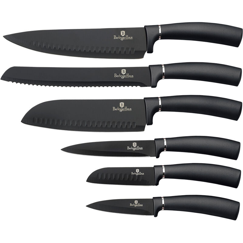 Berlinger Haus Juego 6 Cuchillos Cocina Profesional, Hoja Acero Inoxidable, Cocinero, Cebollero, Pan, Santoku Negro/Gris