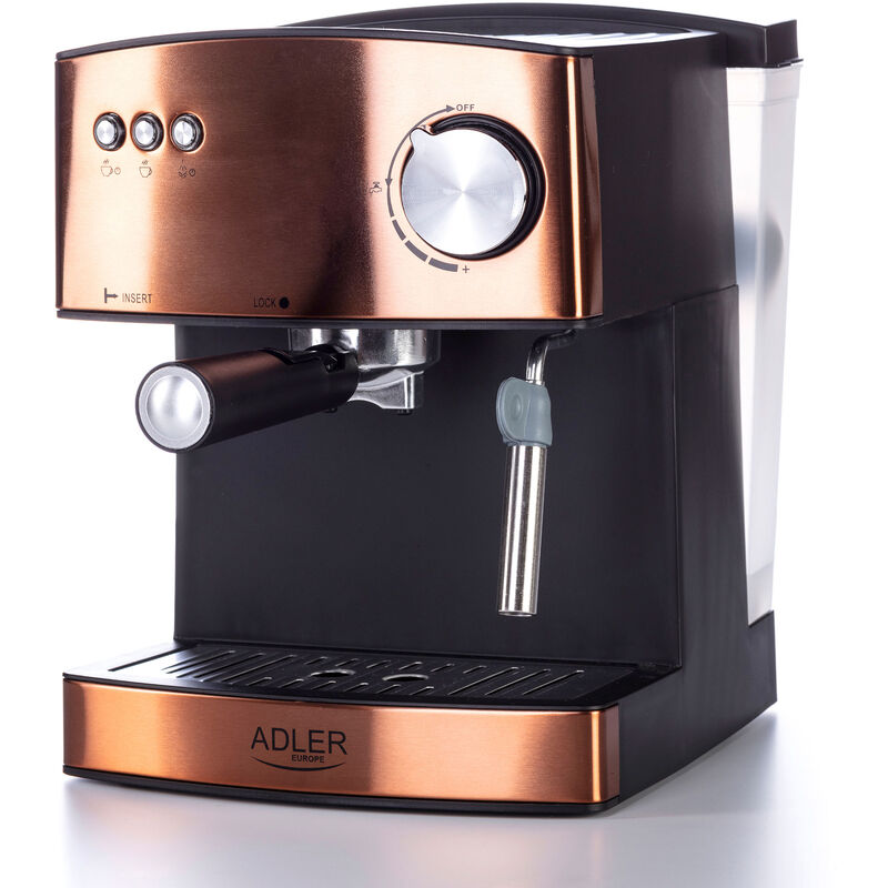 Adler AD 4404CR Cafetera Espresso Manual 15 bares 1,6 L, Brazo Doble Salida, Espumador Leche, Calientatazas 850W Cobre