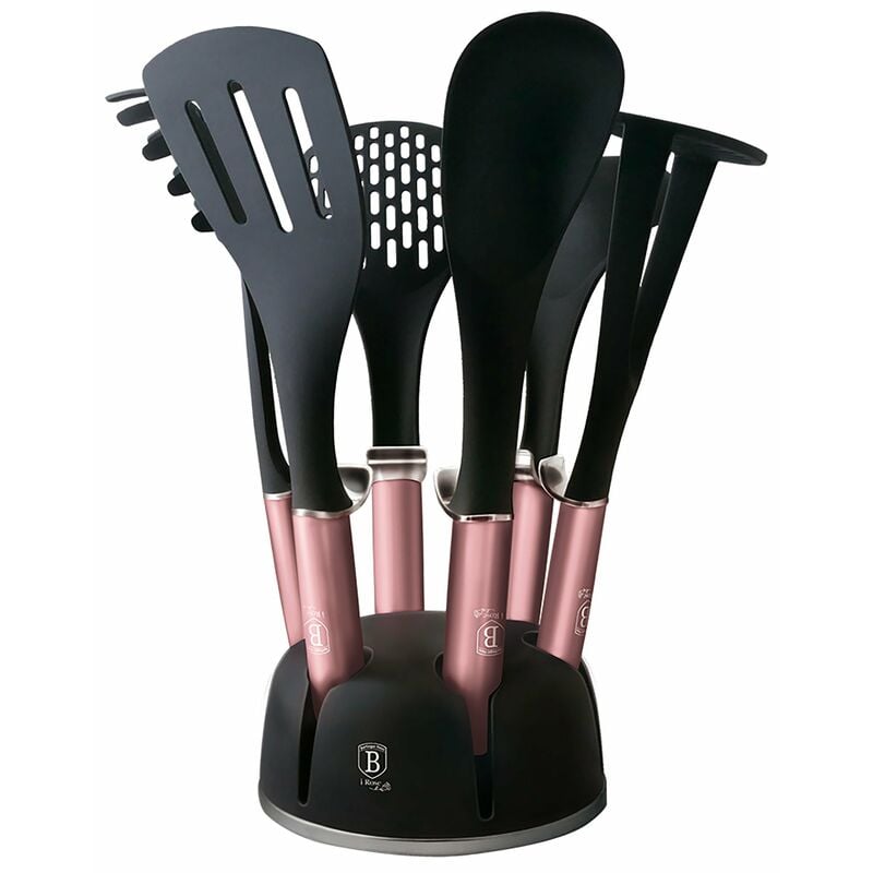 Berlinger Haus I-Rose Utensilios Cocina de Nylon 6 Piezas + Soporte, Antiadherentes sin BPA, Resisten Hasta 200ºC Rosa