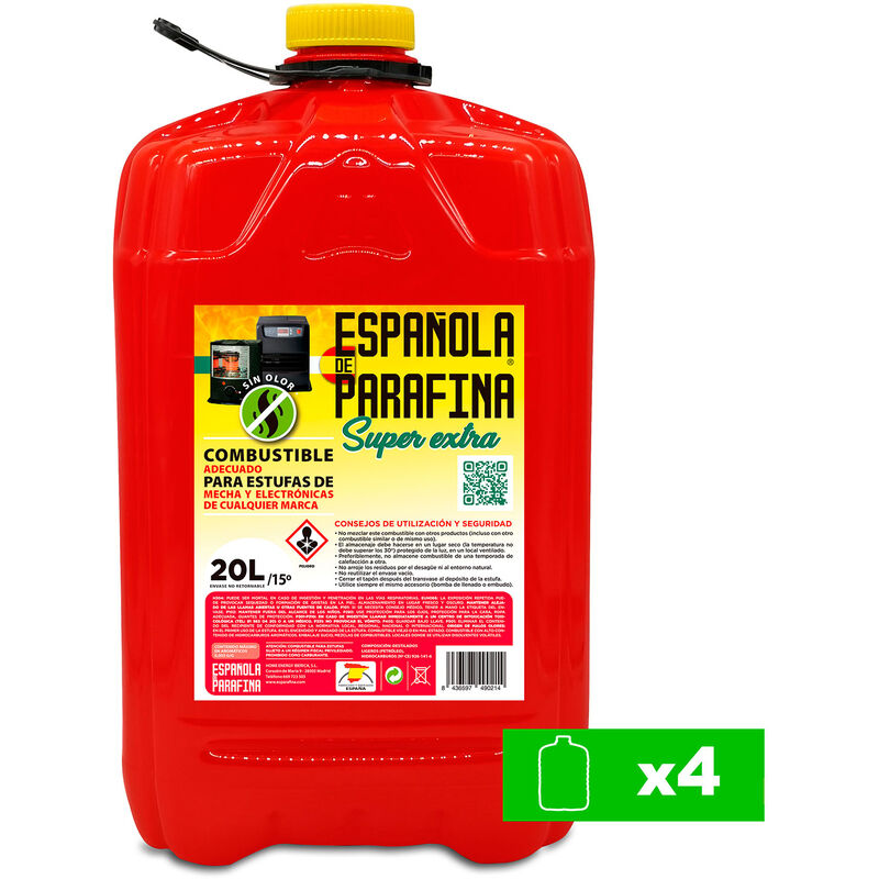 Española de Parafina SUPER EXTRA Parafina para Estufas sin Olor Líquida 4 x Bidón 20L Combustible Líquido