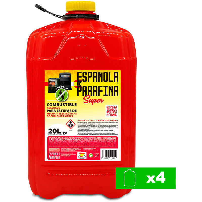 Española de Parafina SUPER Parafina para Estufas sin Olor Líquida 4 x Bidón 20L Combustible Líquido