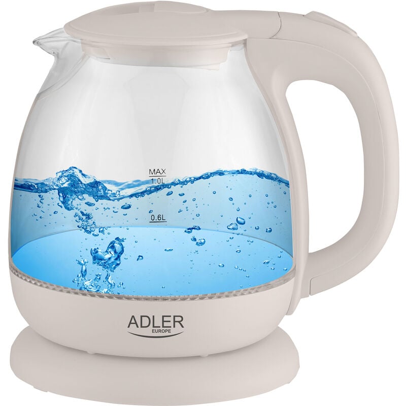 Adler AD1283C Hervidor Agua Eléctrico 1 Litro Jarra Cristal Inalámbrica Retroiluminada, Apagado Automático 1100W Crema