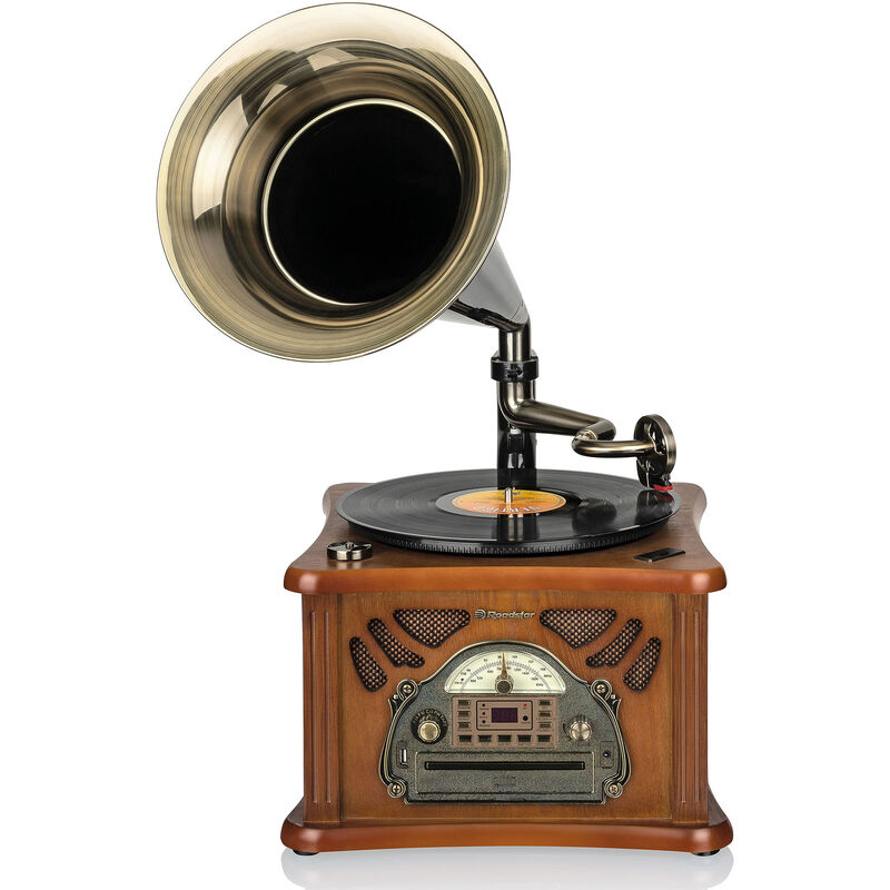 Tocadiscos Roadstar Hif1850tumpk radio fm conversor mp3 madera rpm 33 45 78 gramófono vintage de antiguo vinilo 334578 reproductor cdmp3 cassette usb mando 334578rpm 1