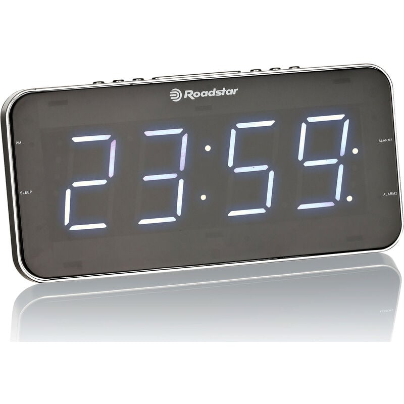 Radio Despertador Roadstar clr2615 doble alarma new reloj 2 negroplata talla slim digital pll fm gran pantalla lcd snooze temporizador todoelectro.es display 1.8 plata