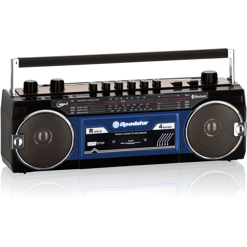 Roadstar RCR-3025EBT/BL Radio Cassette Vintage Años 80 Portátil Multibanda AM /FM /SW Reproductor Grabador a Cinta, USB Negro/Azul