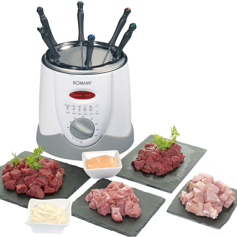 Bomann FRR 1290 CB Freidora Fondue, 1 L, 6 Tenedores Fondue, Termostato Regulable, Filtro Antiolores Humos 900W Blanco/Gris