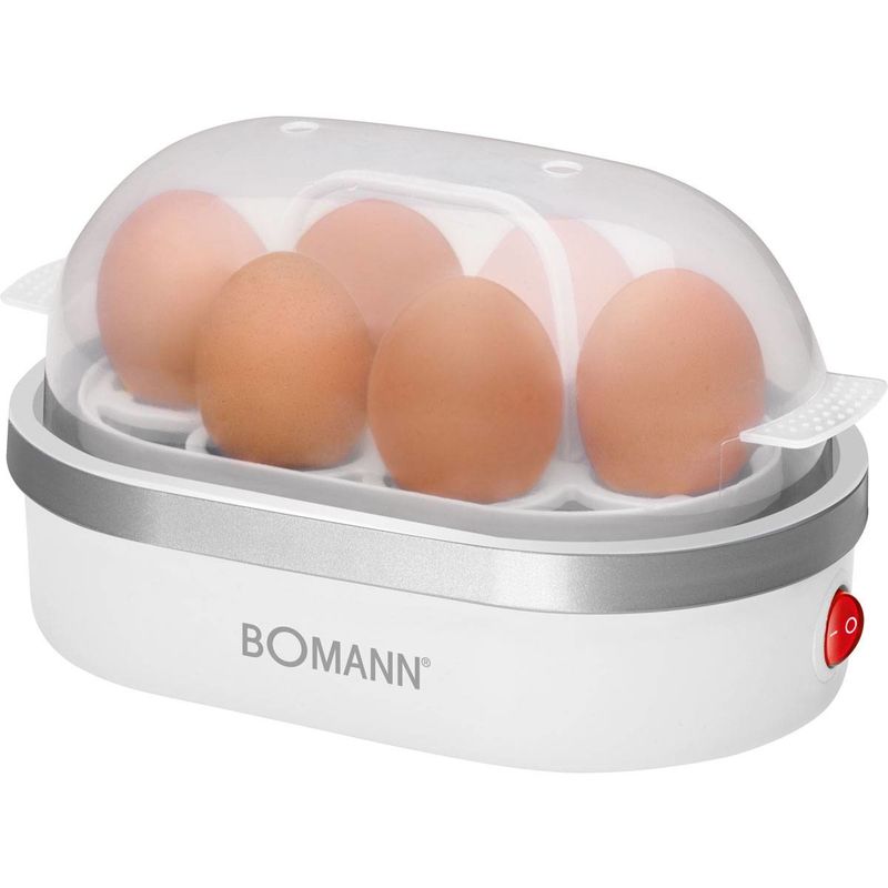 Bomann EK 5022 CB Cuece Huevos Eléctrico, 6 Huevos Cocidos, Base Calefactable Antiadherente, Soporte Extraíble 400W Blanco