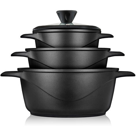 Briebe MGK-18S Batería de Cocina Inducción 6 Piezas Aluminio Fundido 3 Ollas con Tapa de Cristal Antiadherente Negro