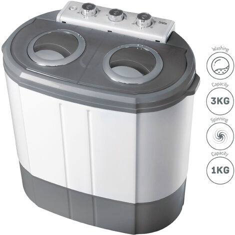Briebe WM1140 Mini Lavadora Centrifugadora Portátil, 3Kg Lavado, 2 Compartimentos, Programa Lavado 15m 190 W Blanco/Gris