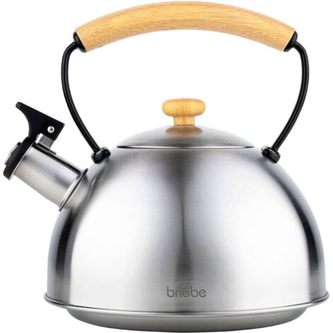 Briebe Wooden Tetera con Silbato, Hervidor de Agua 2,3L, Inducción, Acero Inox, Vintage, Mango Madera  Acero Inoxidable