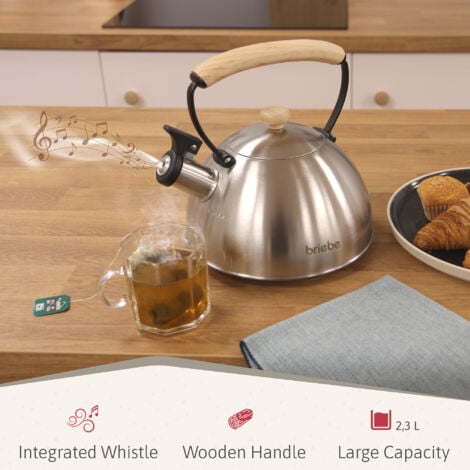 Briebe Wooden Tetera con Silbato, Hervidor de Agua 2,3L, Inducción, Acero Inox, Vintage, Mango Madera  Acero Inoxidable