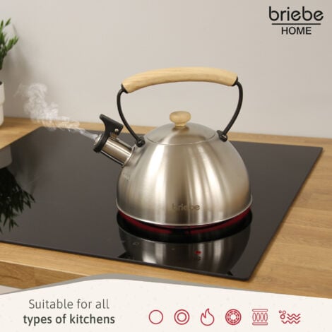 Briebe Wooden Tetera con Silbato, Hervidor de Agua 2,3L, Inducción, Acero Inox, Vintage, Mango Madera  Acero Inoxidable