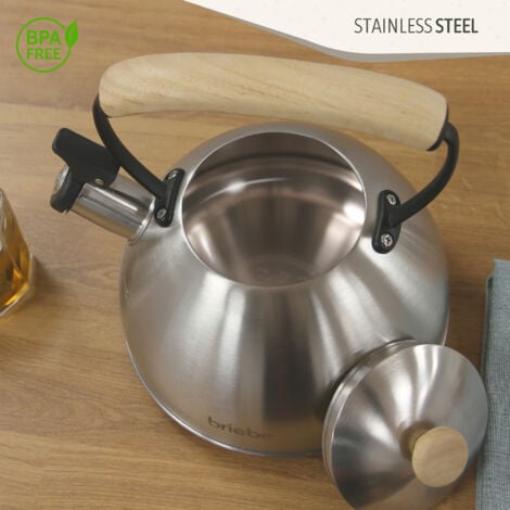 Briebe Wooden Tetera con Silbato, Hervidor de Agua 2,3L, Inducción, Acero Inox, Vintage, Mango Madera  Acero Inoxidable
