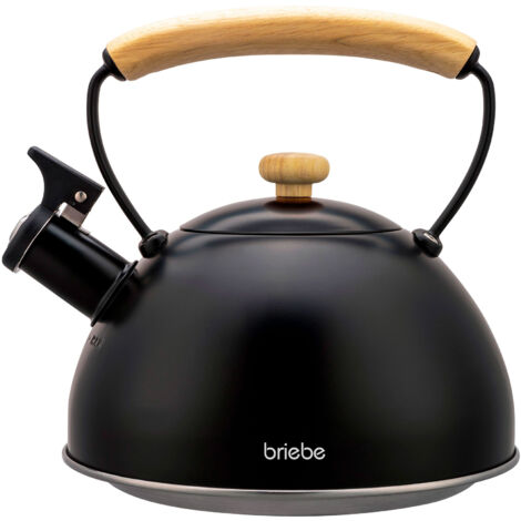 Briebe Wooden Tetera con Silbato, Hervidor de Agua 2,3L, Inducción, Acero Inox, Vintage, Mango Madera Negro (1/5)