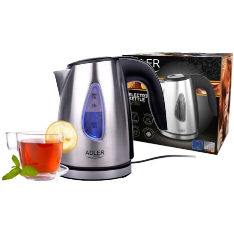 Adler AD1203 Hervidor Agua Eléctrico, 1 L, Jarra Cristal, sin BPA, Resistencia Oculta, Inalámbrico 1600W Plata (1/5)