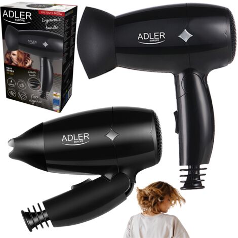 ADLER AD2251 Secador Pelo de Viaje, Plegable, Compacto, 2 Niveles de Potencia, Boquilla Concentradora 360º, 1400W, Negro (1/5)
