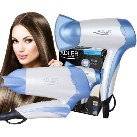 Adler AD2222 Secador de Pelo de Viaje, Plegable, Compacto, 2 Niveles Temperatura / Velocidad, Boquilla 360º 1200W Blanco/azul (1/5)