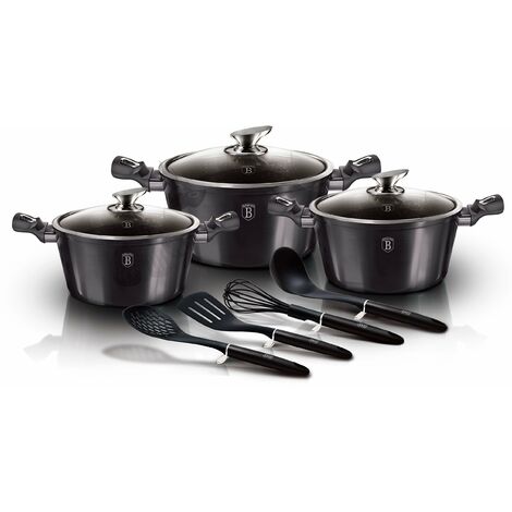 Berlinger Haus Carbon Pro Batería Cocina Inducción 10 Piezas, Antiadherente Mármol sin PFOA, Aluminio, 3 Cazuelas Tapas  Gris Oscuro