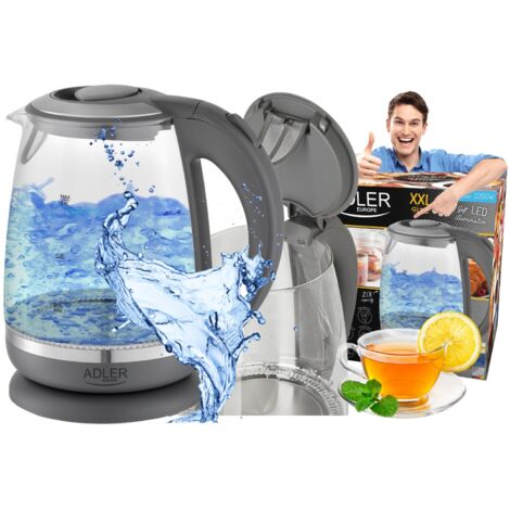 Adler AD1286 Hervidor Agua Eléctrico 2,0 Litros Jarra Cristal Inalámbrica Retroiluminada, Apagado Automático 2200W Gris (1/5)