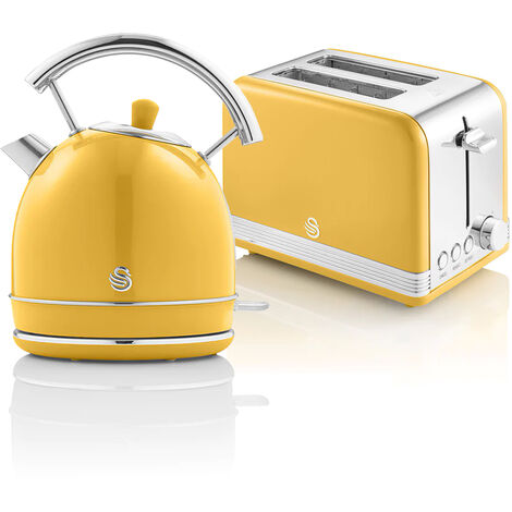 SWAN STP7050YELNEU Retro Set Desayuno Hervidor de Agua 1,8 L Inalámbrico, Tostadora 2 Rebanadas Anchas, Vintage 850W Amarillo