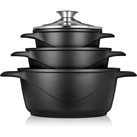 Briebe MGK-18 Batería de Cocina Inducción 6 Piezas Aluminio Fundido 3 Ollas con Tapa de Cristal Antiadherente  Negro