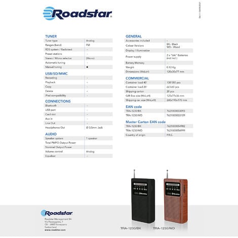 Roadstar TRA-2235BL Radio Portátil FM Analógica, Funciona a Red