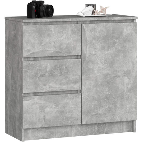 Cómoda AKORD JERRY Gris Hormigón 80 cm 1 puerta 3 cajones frente en color Gris Hormigón 2 estantes 80x35x77 cm